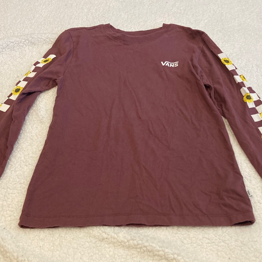 Womens Vans Maroon Long Sleeve with Sunflower and Checkerboard Sleeves